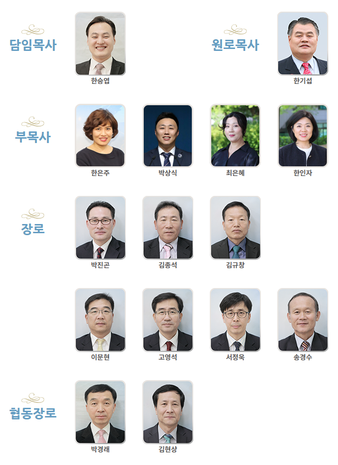 섬기는 분들 : 한승엽 목사, 한기섭 목사, 한은주 목사, 박상식 목사, 최은혜 목사, 한인자 목사, 박진곤 장로, 김종석 장로, 김규창 장로, 이문현 장로, 고영석 장로, 서정욱 장로, 송경수 장로, 박경래 장로, 김현상 장로